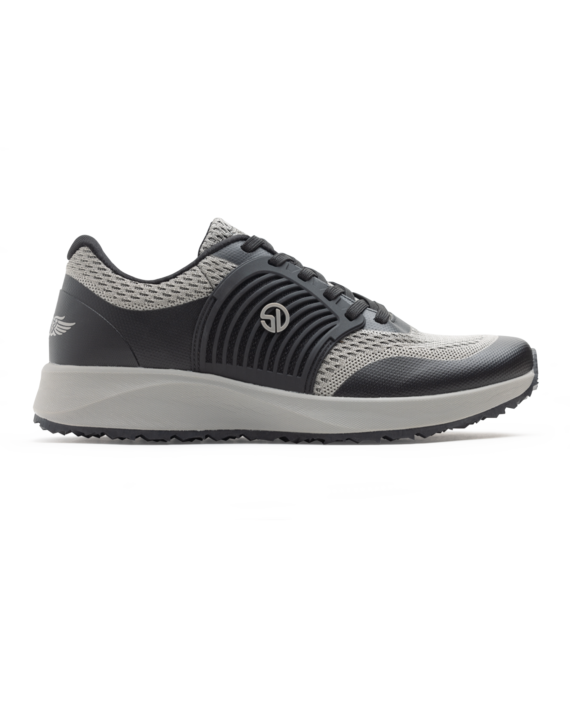 Men's Moonlight V2 Shoe in Black, side profile view featuring a light grey knit upper with charcoal overlays, silver Straight Down logo medallion, and a white midsole