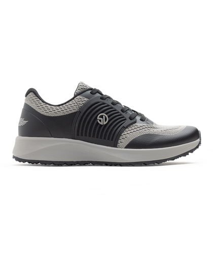 Men's Moonlight V2 Shoe in Black, side profile view featuring a light grey knit upper with charcoal overlays, silver Straight Down logo medallion, and a white midsole