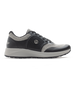 Men's Moonlight V2 Shoe in Black, side profile view featuring a light grey knit upper with charcoal overlays, silver Straight Down logo medallion, and a white midsole