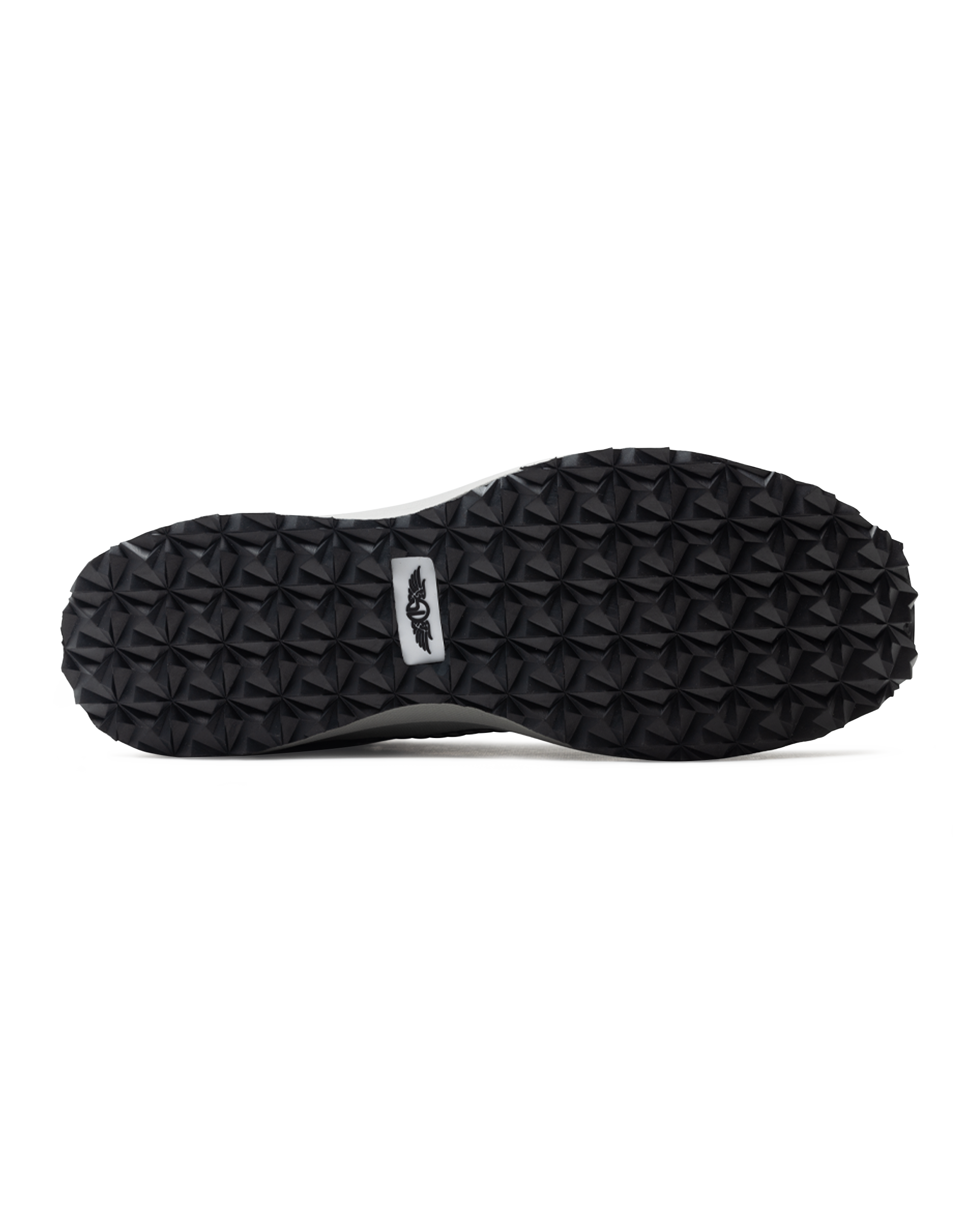 Men's Moonlight V2 Shoe in Black, bottom view featuring a black geometric pyramid-textured rubber outsole with a white and black Straight Down logo badge at the center