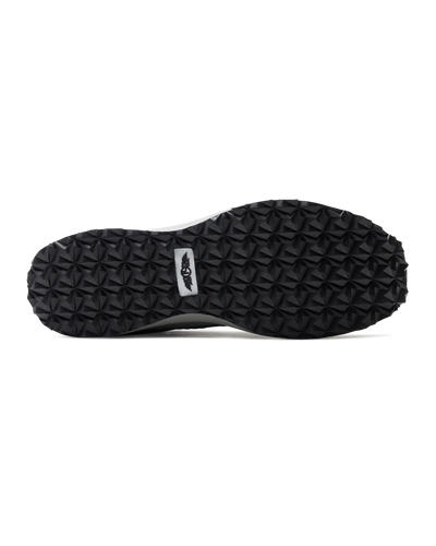 Men's Moonlight V2 Shoe in Black, bottom view featuring a black geometric pyramid-textured rubber outsole with a white and black Straight Down logo badge at the center