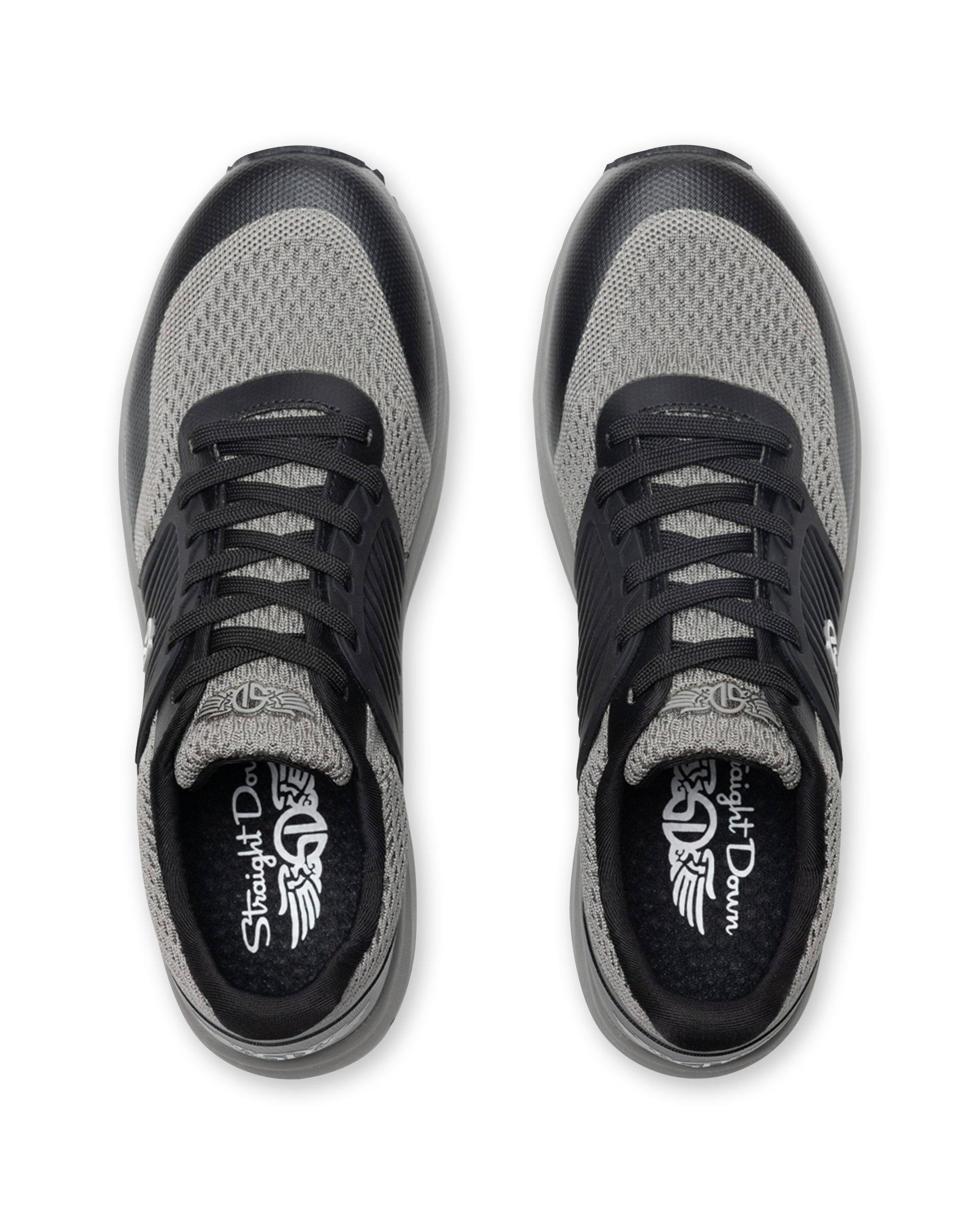 Men's Moonlight V2 Shoe in Black, top down view of a pair featuring light grey knit uppers with black lacing system and silver Straight Down logo at the collar, with branded insoles visible