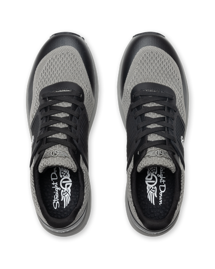 Men's Moonlight V2 Shoe in Black, top down view of a pair featuring light grey knit uppers with black lacing system and silver Straight Down logo at the collar, with branded insoles visible
