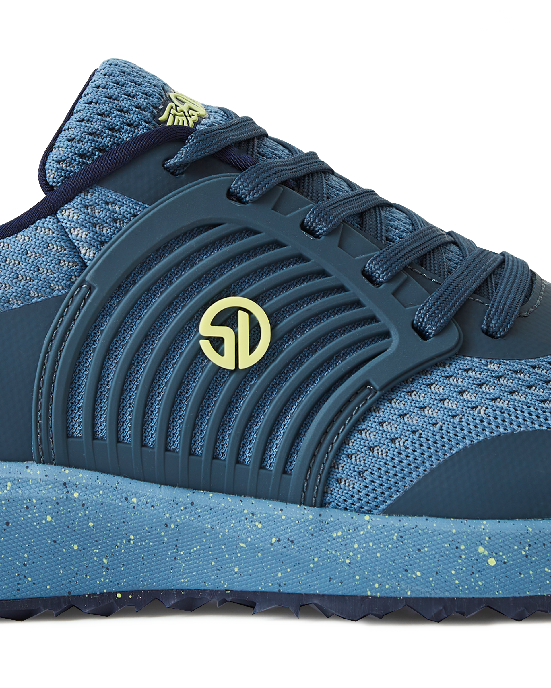 Men's Moonlight V2 Shoe in Deep Sea, close-up side view featuring teal ribbed rubber overlay with gold Straight Down logo medallion, steel blue knit panels, and a speckled light blue midsole