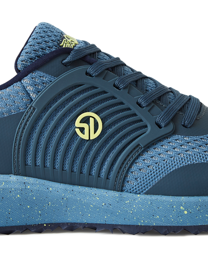 Men's Moonlight V2 Shoe in Deep Sea, close-up side view featuring teal ribbed rubber overlay with gold Straight Down logo medallion, steel blue knit panels, and a speckled light blue midsole