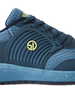 Men's Moonlight V2 Shoe in Deep Sea, close-up side view featuring teal ribbed rubber overlay with gold Straight Down logo medallion, steel blue knit panels, and a speckled light blue midsole