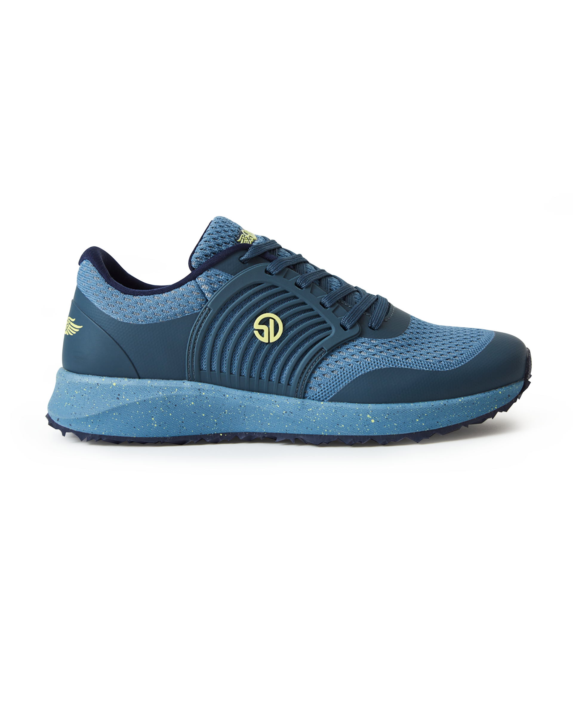Men's Moonlight V2 Shoe in Deep Sea, side profile view featuring a steel blue knit upper with teal overlays, chartreuse Straight Down logo medallion, and a speckled midsole
