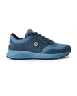 Men's Moonlight V2 Shoe in Deep Sea, side profile view featuring a steel blue knit upper with teal overlays, chartreuse Straight Down logo medallion, and a speckled midsole