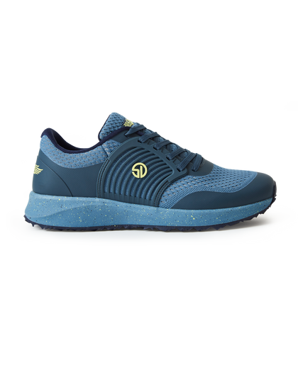 Men's Moonlight V2 Shoe in Deep Sea, side profile view featuring a steel blue knit upper with teal overlays, chartreuse Straight Down logo medallion, and a speckled midsole