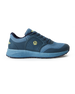 Men's Moonlight V2 Shoe in Deep Sea, side profile view featuring a steel blue knit upper with teal overlays, chartreuse Straight Down logo medallion, and a speckled midsole
