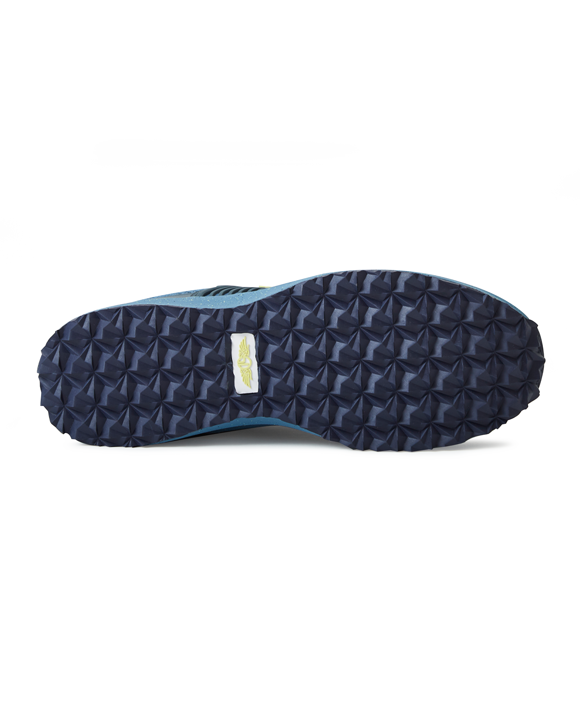 Men's Moonlight V2 Shoe in Deep Sea, bottom view featuring a navy geometric pyramid-textured rubber outsole with a white and gold Straight Down logo badge at the center