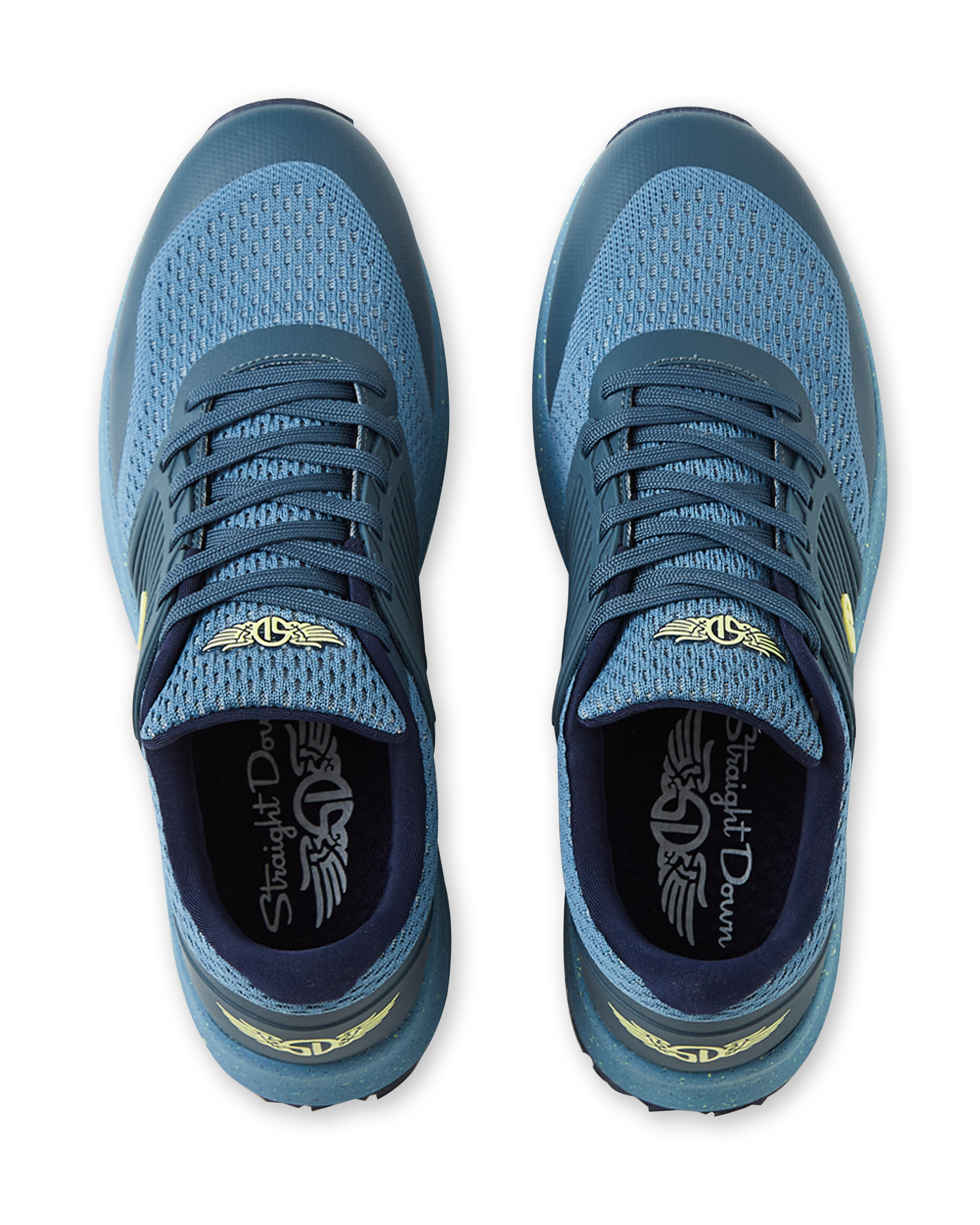 Men's Moonlight V2 Shoe in Deep Sea, top down view of a pair featuring steel blue knit uppers with teal lacing system and gold Straight Down logo at the tongue, with branded insoles visible