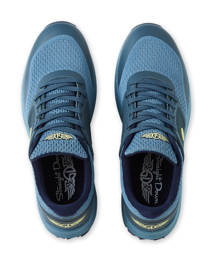Men's Moonlight V2 Shoe in Deep Sea, top down view of a pair featuring steel blue knit uppers with teal lacing system and gold Straight Down logo at the tongue, with branded insoles visible
