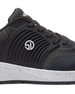 Men's Moonlight V2 Shoe in Granite, close-up detail view highlighting the molded rubber overlay with concentric arc detailing, Straight Down logo badge, charcoal knit texture, and speckled white midsole