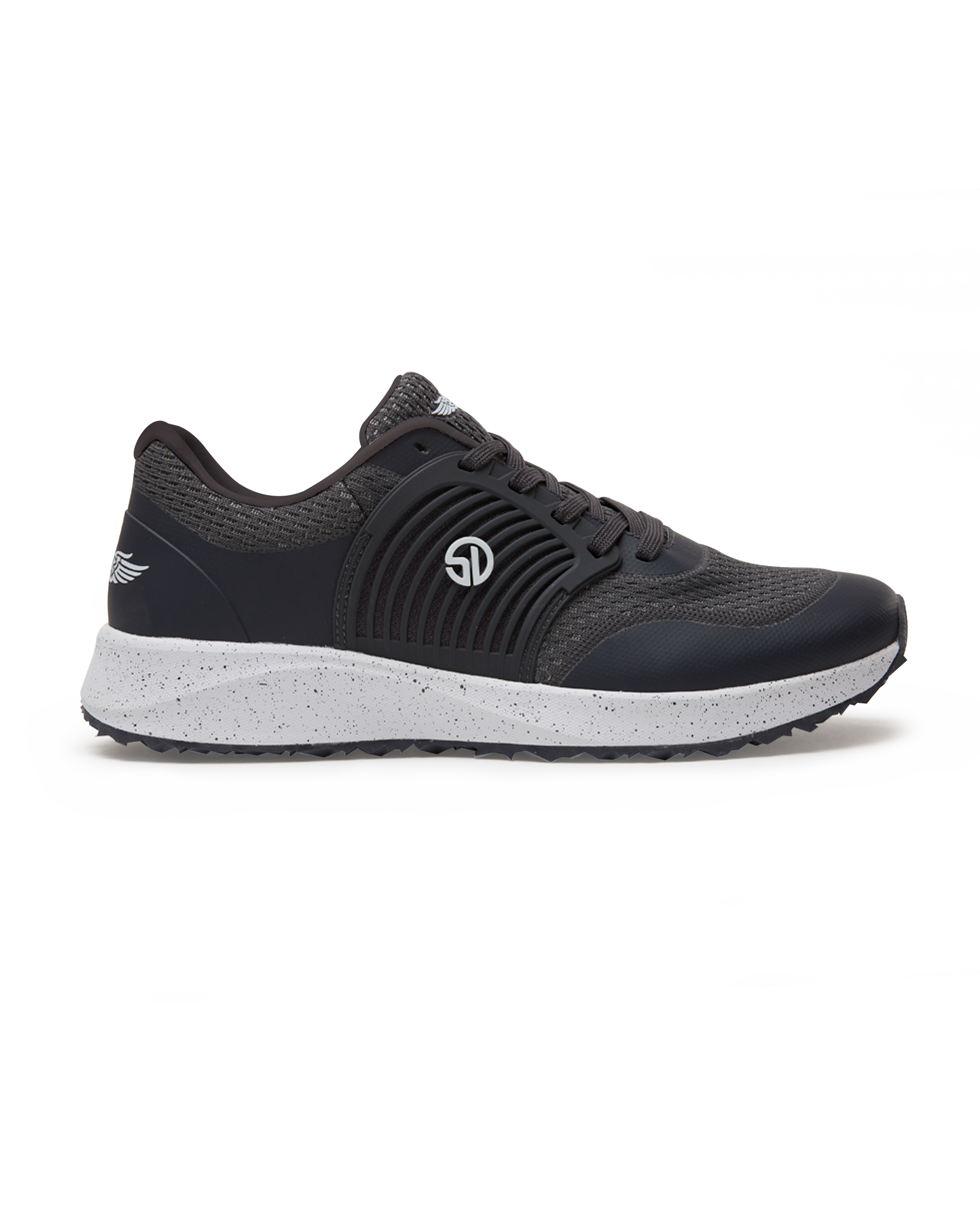 Men's Moonlight V2 Shoe in Granite, lateral side view featuring a black and charcoal knit upper with a molded rubber overlay, Straight Down logo badge, dark laces, a speckled white midsole, and a black textured outsole