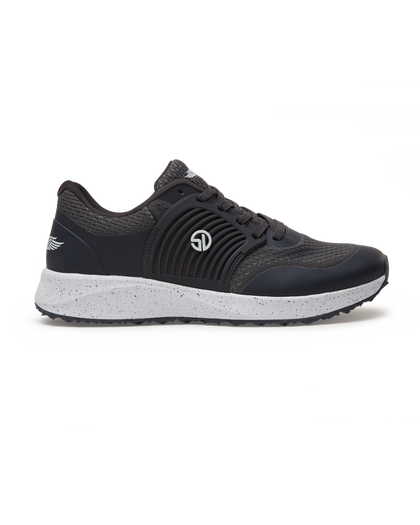 Men's Moonlight V2 Shoe in Granite, lateral side view featuring a black and charcoal knit upper with a molded rubber overlay, Straight Down logo badge, dark laces, a speckled white midsole, and a black textured outsole