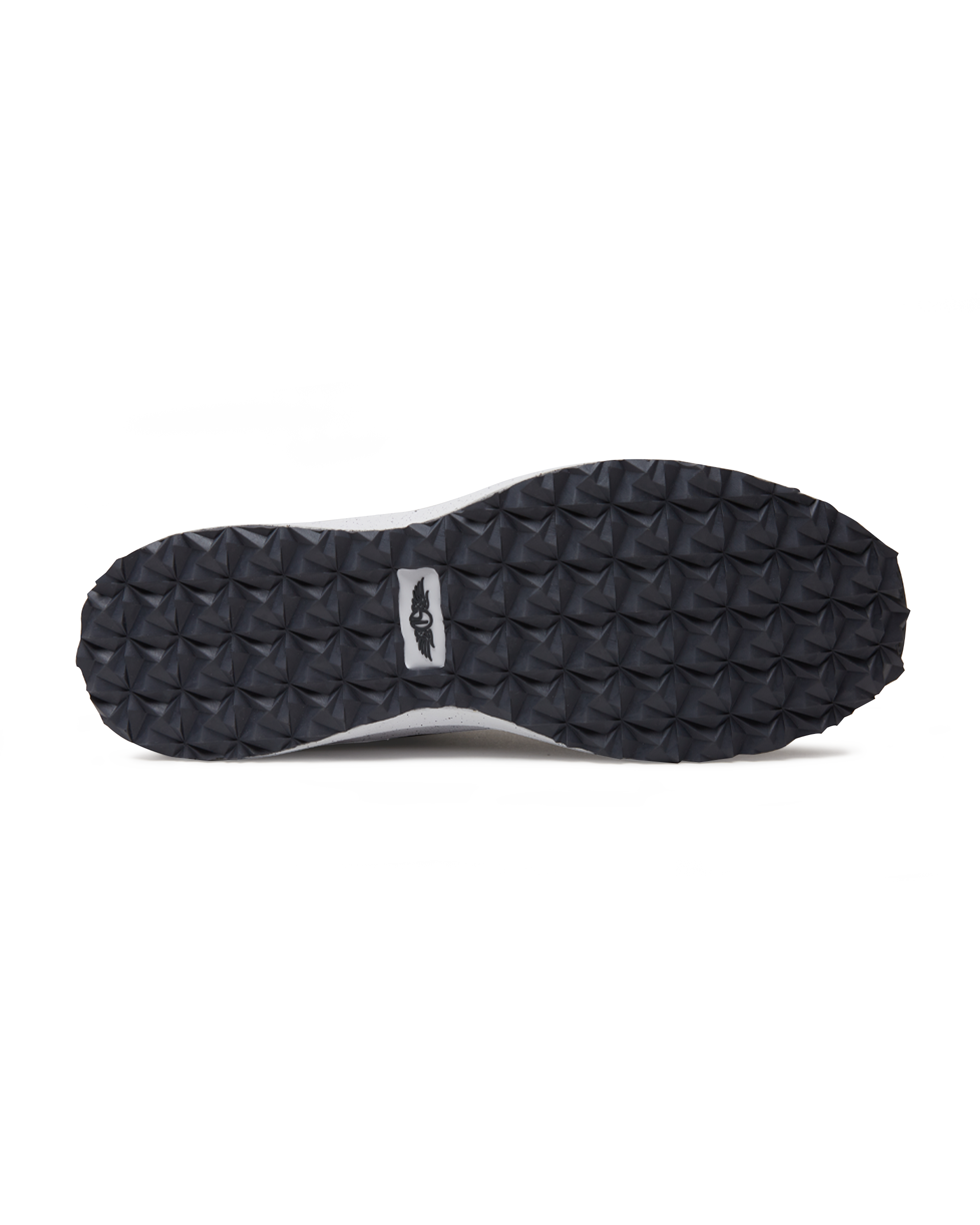 Men's Moonlight V2 Shoe in Granite, bottom view featuring a black pyramid-textured rubber outsole with a Straight Down logo tag at the center