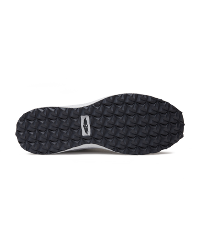 Men's Moonlight V2 Shoe in Granite, bottom view featuring a black pyramid-textured rubber outsole with a Straight Down logo tag at the center