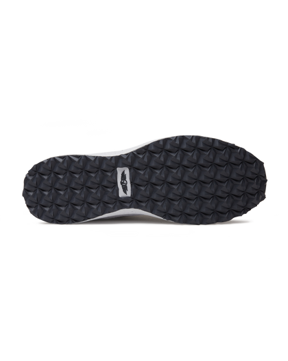 Men's Moonlight V2 Shoe in Granite, bottom view featuring a black pyramid-textured rubber outsole with a Straight Down logo tag at the center