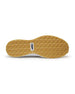 Straight Down Weekender Golf Shoe in Cashew, bottom sole view featuring gum geometric pyramid traction outsole with Straight Down wing logo badge at arch