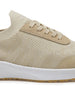 Straight Down Weekender Golf Shoe in Cashew, close-up lateral side detail view featuring cream knit upper, tan suede lace overlay, tan laces, Straight Down wing logo on knit tongue, and white midsole