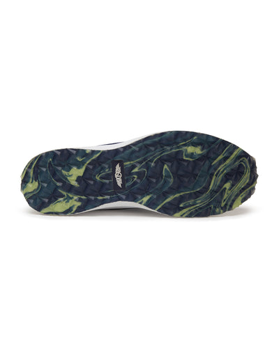 Straight Down Weekender Golf Shoe in New Indigo, bottom sole view featuring navy and yellow marbled geometric pyramid traction outsole with Straight Down wing logo badge at arch