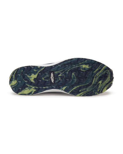Straight Down Weekender Golf Shoe in New Indigo, bottom sole view featuring navy and yellow marbled geometric pyramid traction outsole with Straight Down wing logo badge at arch