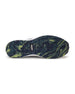 Straight Down Weekender Golf Shoe in New Indigo, bottom sole view featuring navy and yellow marbled geometric pyramid traction outsole with Straight Down wing logo badge at arch