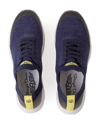 Straight Down Weekender Golf Shoe in New Indigo, top-down view of pair featuring navy knit upper, navy laces, yellow Straight Down wing logo tongue badge, yellow heel pull tab, and gray Straight Down wing logo insole