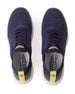 Straight Down Weekender Golf Shoe in New Indigo, top-down view of pair featuring navy knit upper, navy laces, yellow Straight Down wing logo tongue badge, yellow heel pull tab, and gray Straight Down wing logo insole