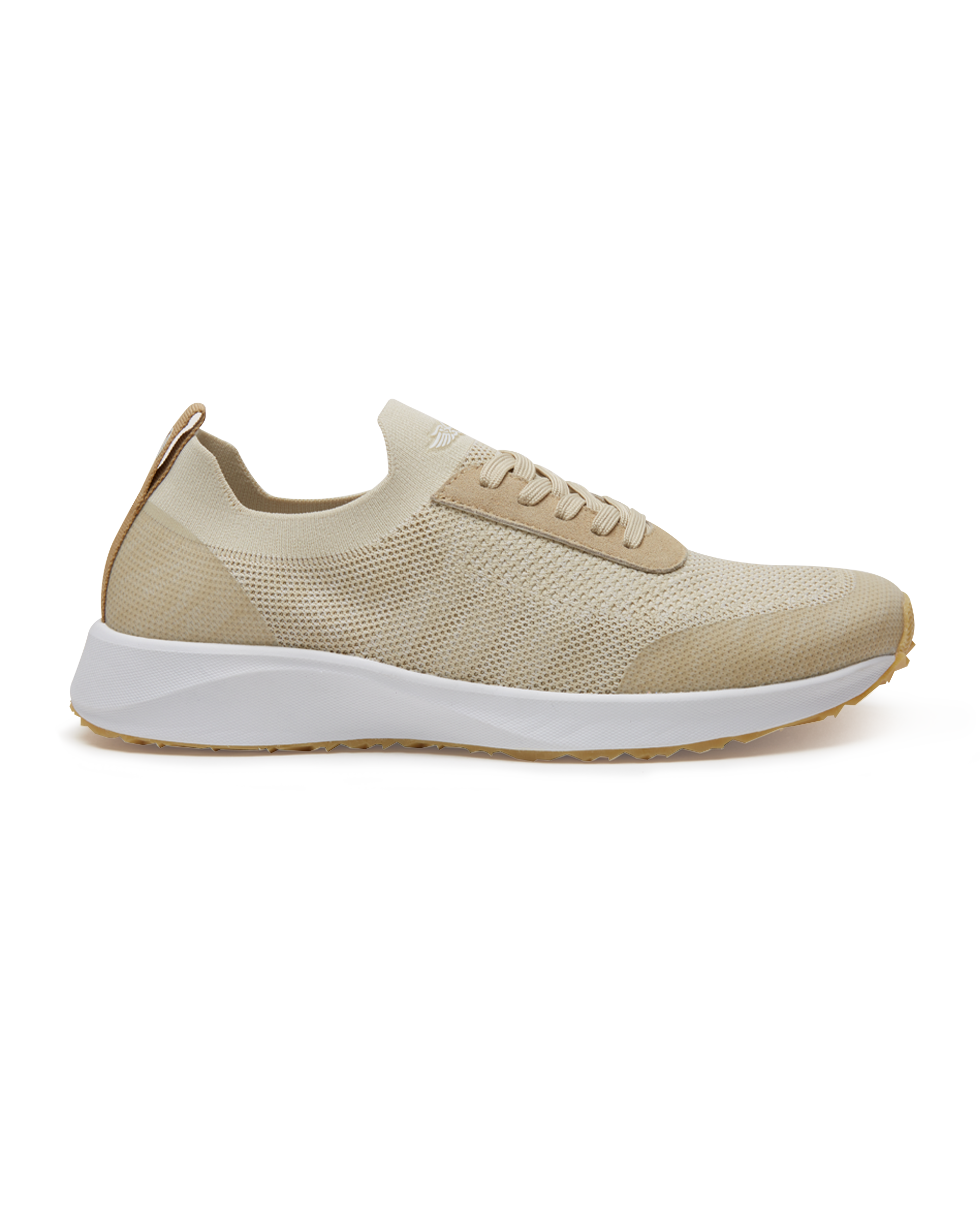 Straight Down Weekender Golf Shoe in Cashew, lateral side profile view featuring cream and tan knit upper, tan suede lace overlay, tan laces, white midsole, and gum traction outsole