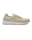 Straight Down Weekender Golf Shoe in Cashew, lateral side profile view featuring cream and tan knit upper, tan suede lace overlay, tan laces, white midsole, and gum traction outsole