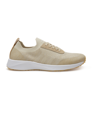 Straight Down Weekender Golf Shoe in Cashew, lateral side profile view featuring cream and tan knit upper, tan suede lace overlay, tan laces, white midsole, and gum traction outsole