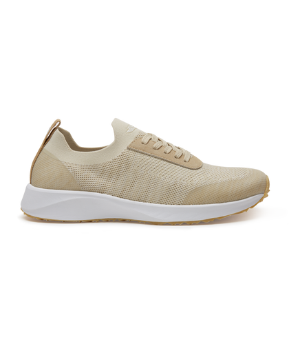 Straight Down Weekender Golf Shoe in Cashew, lateral side profile view featuring cream and tan knit upper, tan suede lace overlay, tan laces, white midsole, and gum traction outsole