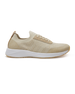 Straight Down Weekender Golf Shoe in Cashew, lateral side profile view featuring cream and tan knit upper, tan suede lace overlay, tan laces, white midsole, and gum traction outsole