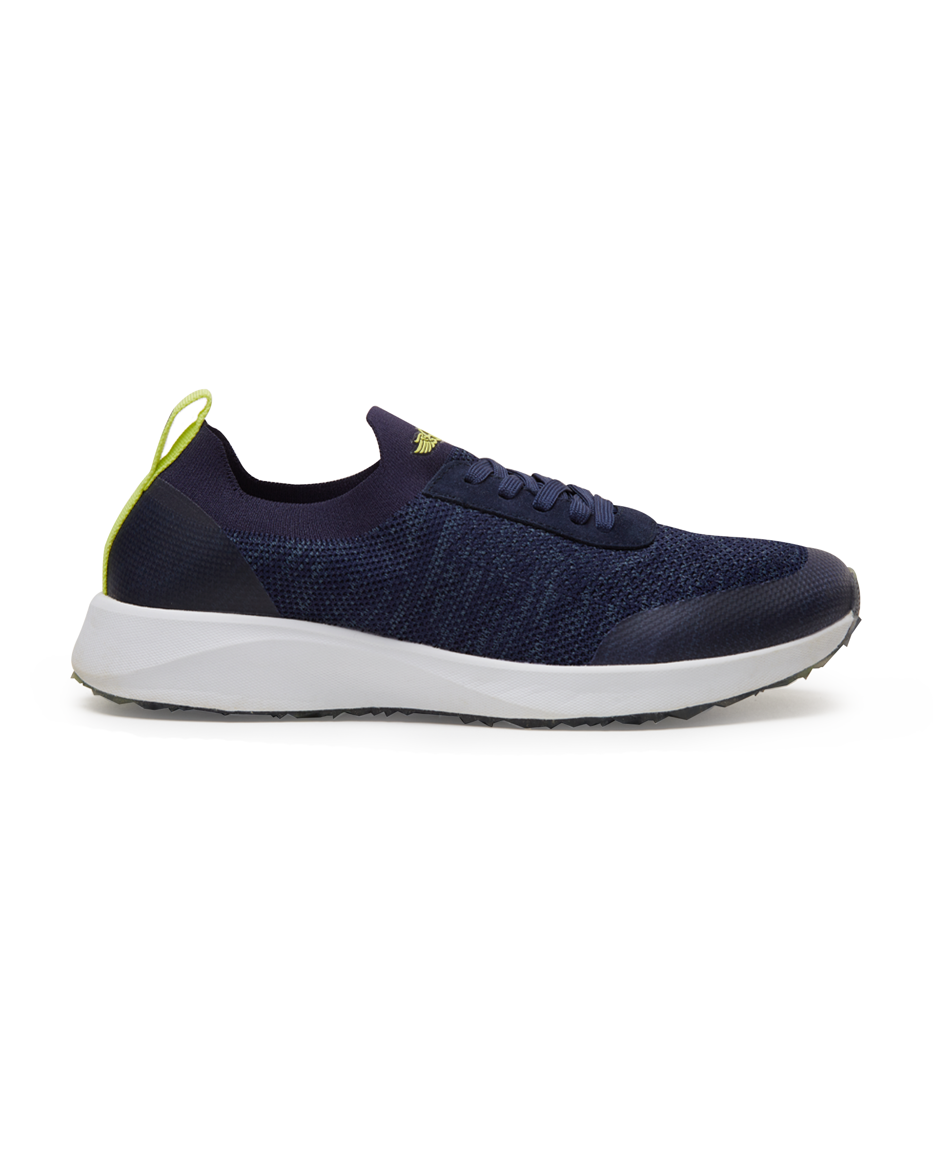Straight Down Weekender Golf Shoe in New Indigo, lateral side profile view featuring navy knit upper, yellow Straight Down wing logo on tongue, yellow heel pull tab, navy laces, white midsole, and marbled traction outsole