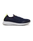 Straight Down Weekender Golf Shoe in New Indigo, lateral side profile view featuring navy knit upper, yellow Straight Down wing logo on tongue, yellow heel pull tab, navy laces, white midsole, and marbled traction outsole
