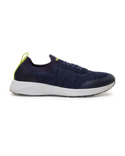 Straight Down Weekender Golf Shoe in New Indigo, lateral side profile view featuring navy knit upper, yellow Straight Down wing logo on tongue, yellow heel pull tab, navy laces, white midsole, and marbled traction outsole