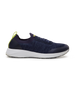 Straight Down Weekender Golf Shoe in New Indigo, lateral side profile view featuring navy knit upper, yellow Straight Down wing logo on tongue, yellow heel pull tab, navy laces, white midsole, and marbled traction outsole