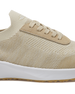 Straight Down Weekender Golf Shoe in Cashew, close-up lateral side detail view featuring cream knit upper, tan suede lace overlay, tan laces, Straight Down wing logo on knit tongue, and white midsole