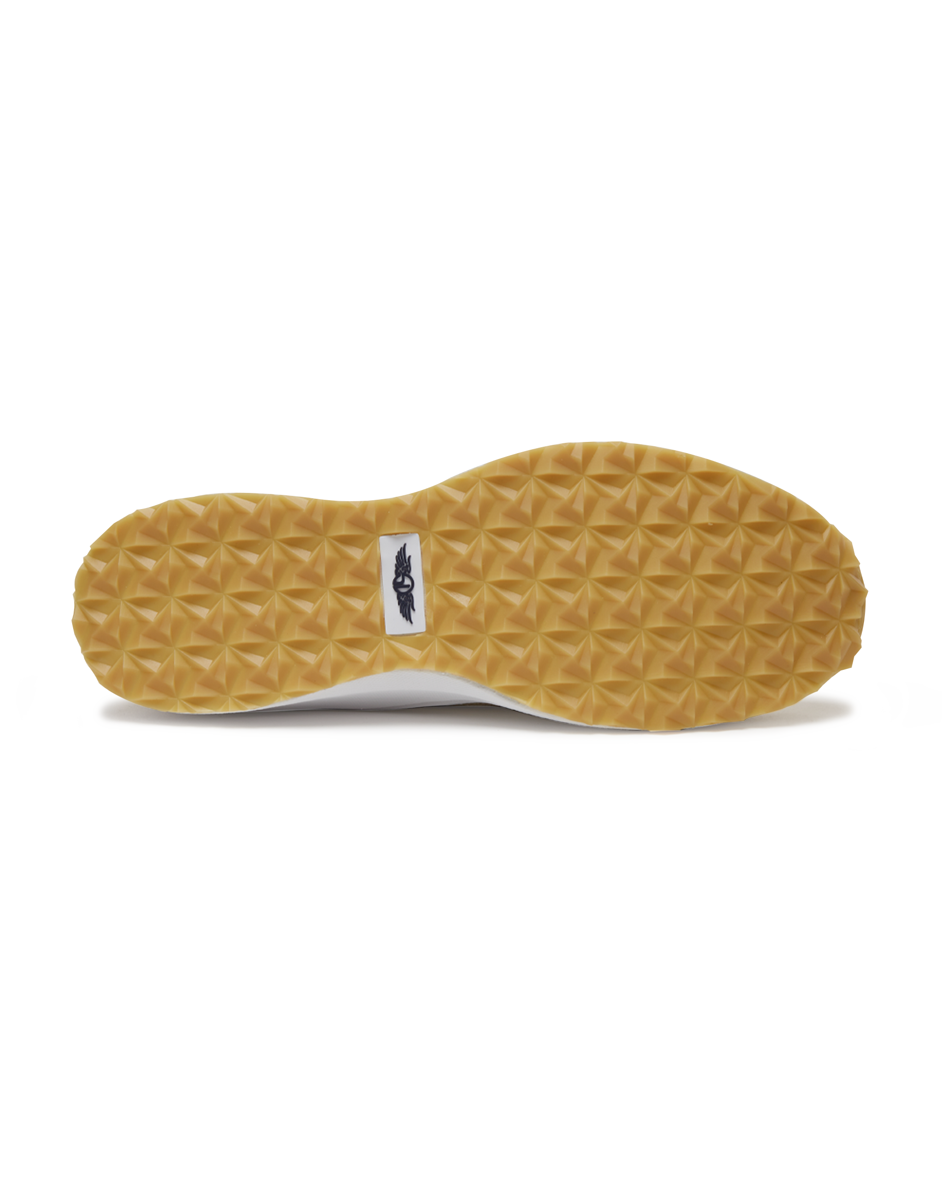 Straight Down Weekender Golf Shoe in Cashew, bottom sole view featuring gum geometric pyramid traction outsole with Straight Down wing logo badge at arch