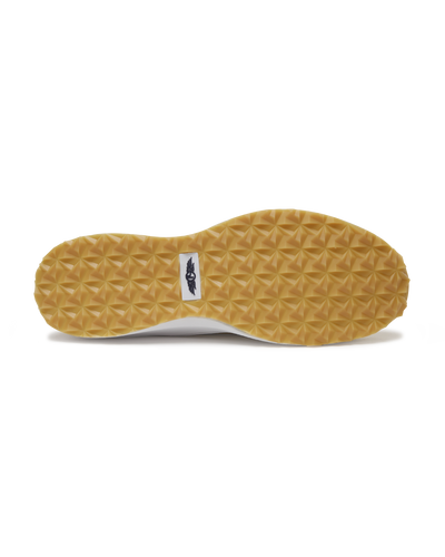 Straight Down Weekender Golf Shoe in Cashew, bottom sole view featuring gum geometric pyramid traction outsole with Straight Down wing logo badge at arch