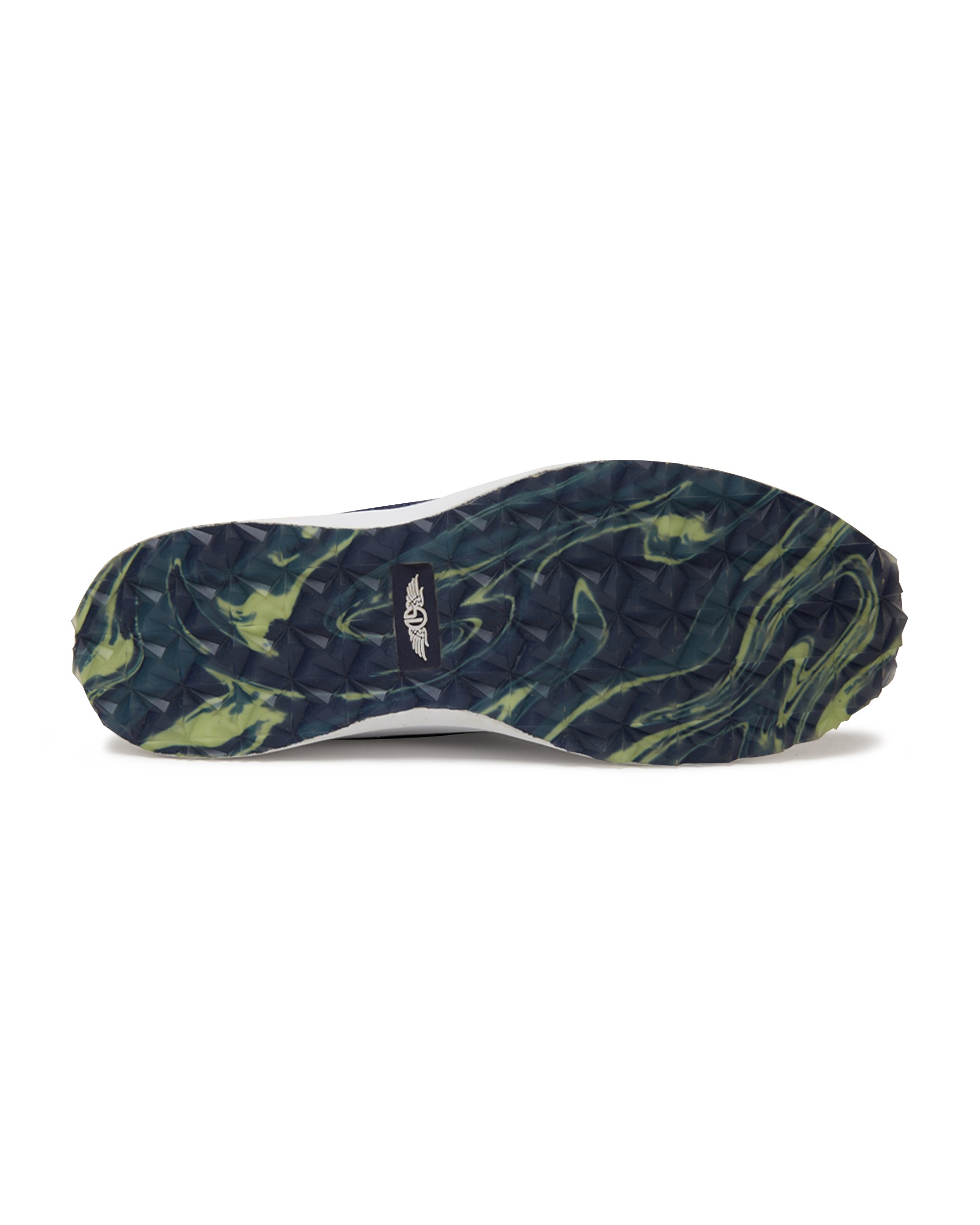 Straight Down Weekender Golf Shoe in New Indigo, bottom sole view featuring navy and yellow marbled geometric pyramid traction outsole with Straight Down wing logo badge at arch