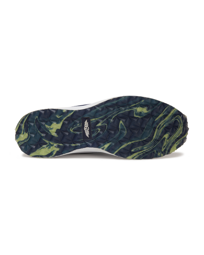 Straight Down Weekender Golf Shoe in New Indigo, bottom sole view featuring navy and yellow marbled geometric pyramid traction outsole with Straight Down wing logo badge at arch