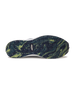 Straight Down Weekender Golf Shoe in New Indigo, bottom sole view featuring navy and yellow marbled geometric pyramid traction outsole with Straight Down wing logo badge at arch