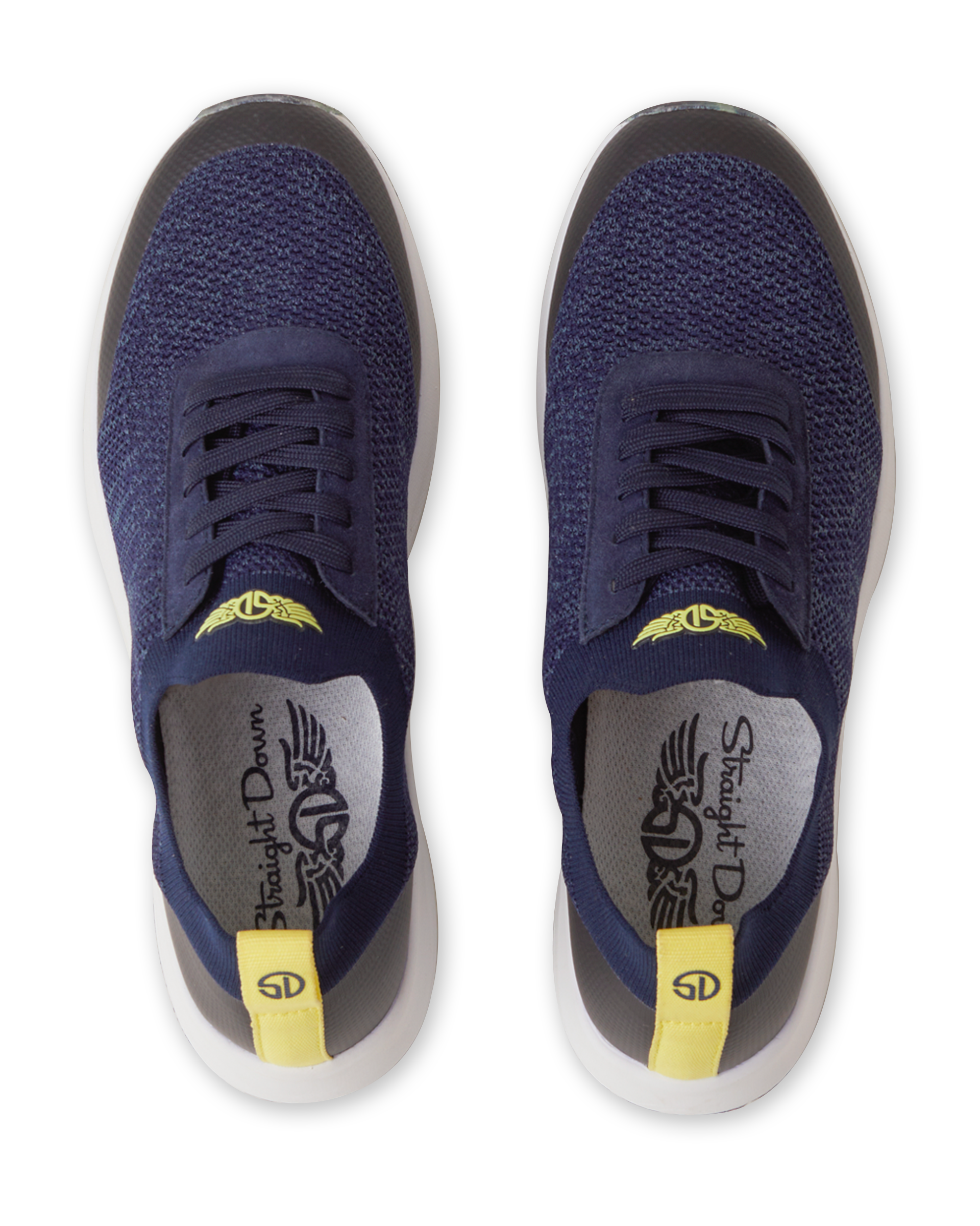 Straight Down Weekender Golf Shoe in New Indigo, top-down view of pair featuring navy knit upper, navy laces, yellow Straight Down wing logo tongue badge, yellow heel pull tab, and gray Straight Down wing logo insole