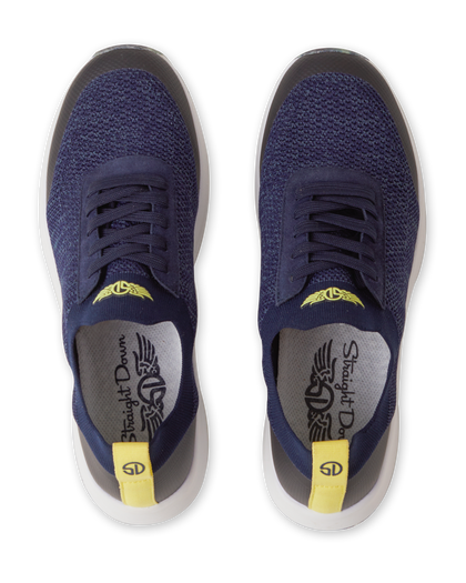 Straight Down Weekender Golf Shoe in New Indigo, top-down view of pair featuring navy knit upper, navy laces, yellow Straight Down wing logo tongue badge, yellow heel pull tab, and gray Straight Down wing logo insole
