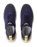 Straight Down Weekender Golf Shoe in New Indigo, top-down view of pair featuring navy knit upper, navy laces, yellow Straight Down wing logo tongue badge, yellow heel pull tab, and gray Straight Down wing logo insole