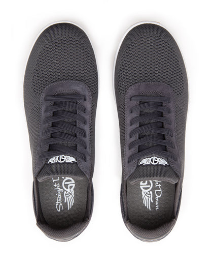 Men's Rally Shoe in Granite, top-down view of a pair featuring dark gray knit upper, lace-up closure, and Straight Down branded insole