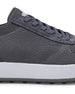 Men's Rally Shoe in Granite, detail close-up view featuring the dark gray knit upper texture, suede overlay at the toe box, lace-up closure, and white midsole with Straight Down logo at tongue